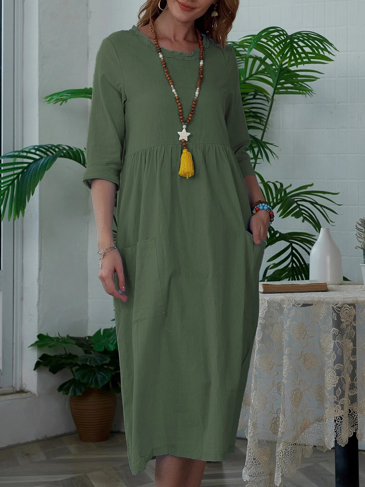 New Women's Solid Color Crewneck Dress 