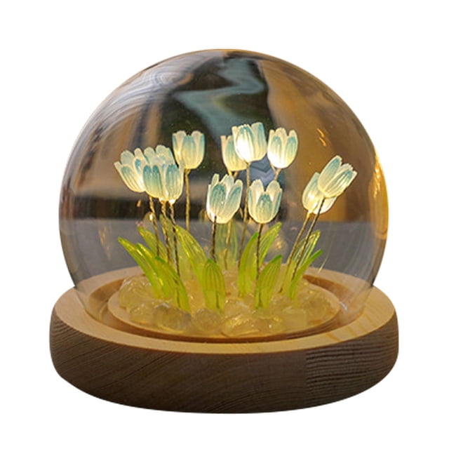 Luz de ambiente de escritorio con luz nocturna de cristal de tulipán con cubierta de cristal de 9 flores de cuatro colores