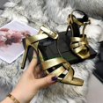 thumbnail image 3 of T-Strap Peep Toe Stiletto High Heel Sandal Buckle Roman Leather Square Toe Women'S Shoes, 3 of 5