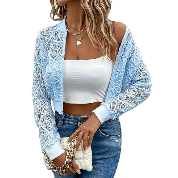 Gynyvoja Women Lace Cropped Bombers Jacket Long Sleeve Zip Up Sheer Lightweights Cardigan XL
