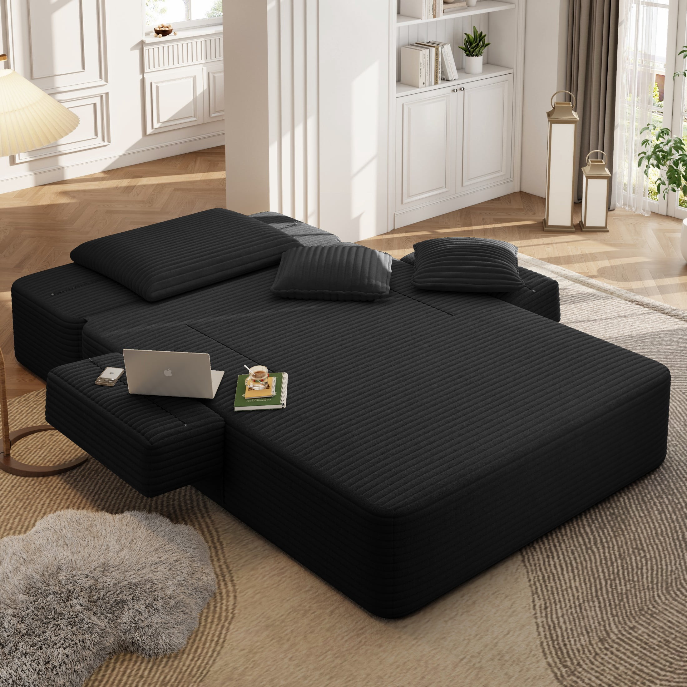 Aukfa Chaise Lounge Chair Indoor, Oversized Corduroy Boneless Sleeper Sofa Bed with Storage Pockets, Adjustable Backrest&3 Pillows, Reading Couch for Living Room Apartment, Black