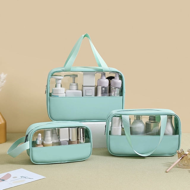 Bilqis Deals Zippered Tote Bag, Portable Bathroom Travel Bag In Clear PVC And Candy Color Patchwork Cosmetic Bag