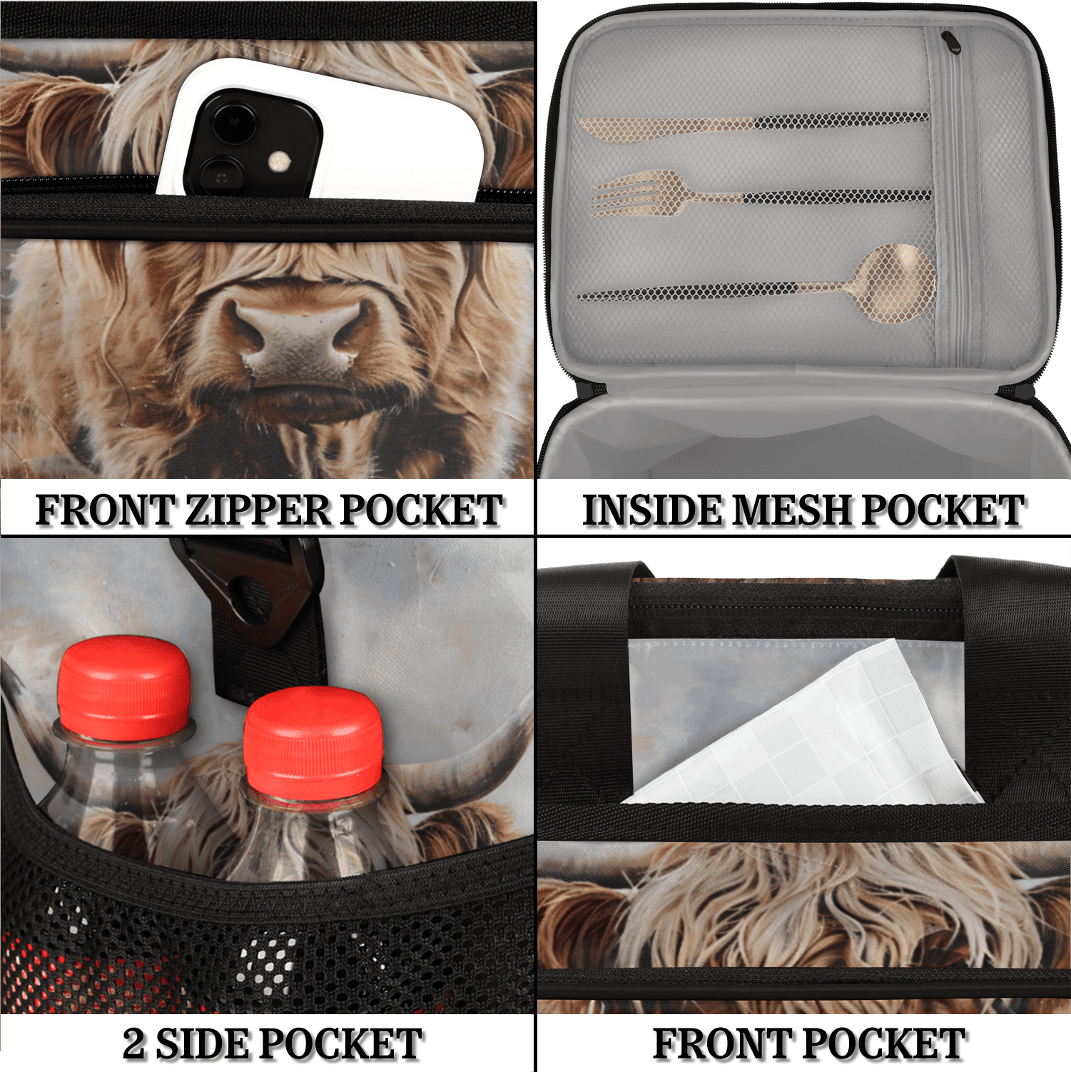 Herdesigns Highland Cow Funny Large Lunch Box for Adults Women Men with Adjustable Shoulder Strap, Insulated Reusable Lunch Bag Leakproof Cooler Tote Bag