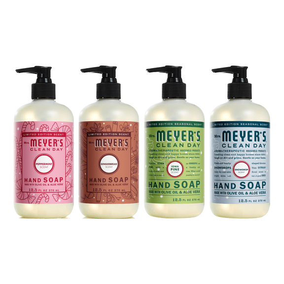 Mrs. Meyer’s Clean Day Liquid Hand Soap 4 Pack Variety, Gingerbread 12.5 fl oz, Iowa Pine 12.5 fl oz, Peppermint 12.5 fl oz, Snow Drop 12.5 fl oz, 1 ct