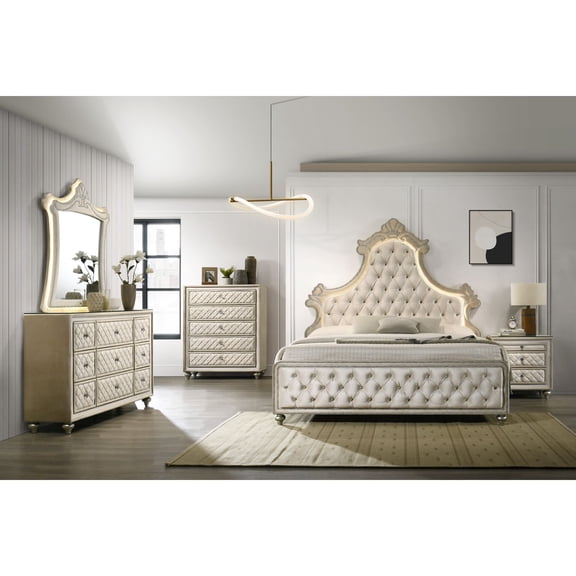 Miekor Furniture Lucienne Beige Velvet Queen Bed w/ LED Light MK9935