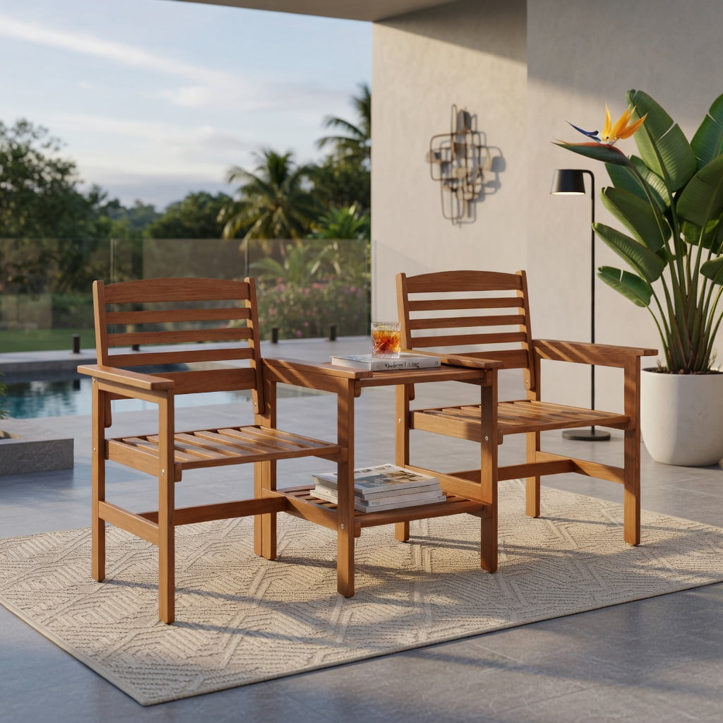 Hommoo Wood 2-Person Outdoor Patio Conversation Set with Coffee Table & Umbrella Hole, Rustic Backyard Seating for Deck, Poolside, or Garden, Natural