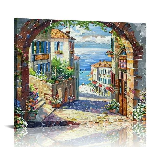 COMIO  Italian Town Canvas Wall Art - Coastal Village Painting Artwork Reproduction Print Decor for Living Room