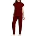 thumbnail image 2 of Hueook Womens Sweatsuits 2 Piece Set Women's Solid Color Casual Nurse Protective Uniform Short Sleeved Round Neck Shirt Set Wine M, 2 of 4