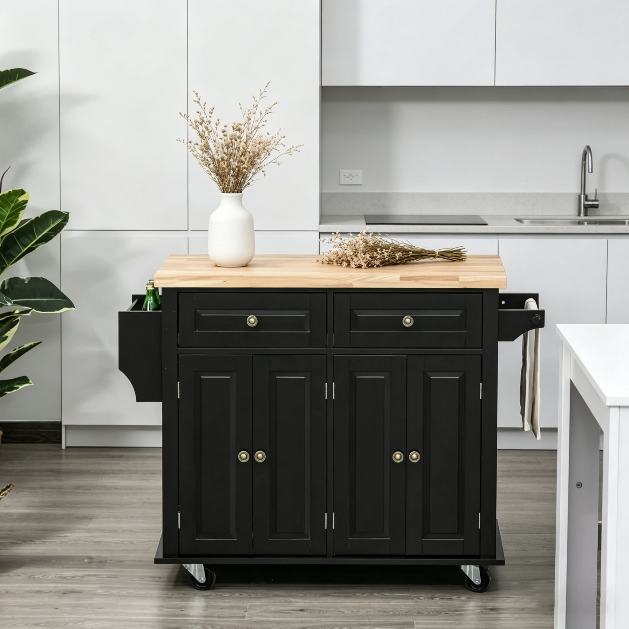 Kitchen Island Cart, 43.75" W Rolling Kitchen Storage Cabinet with 2 Drawers, Adjustable Shelf Cabinets, Towel Bar & Spice Rack, Rubberwood Tabletop, Mobile Casters