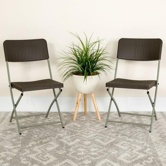 Flash Furniture HERCULES Series Brown Rattan Plastic Folding Chair with Gray Frame
