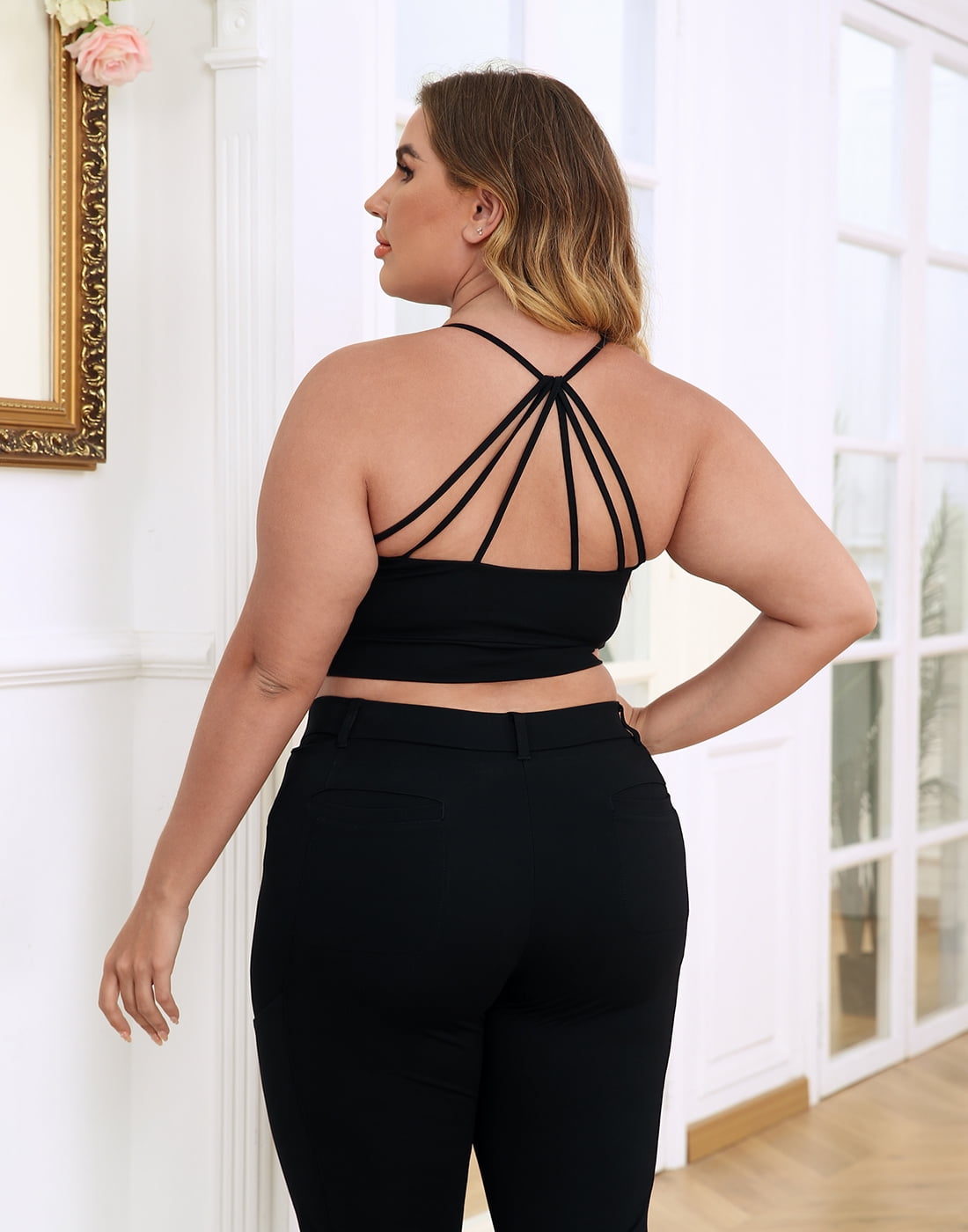 LE3NO Womens Plus Size Stretchy Seamless Cut Out Spaghetti Strap Cropped Bralette 