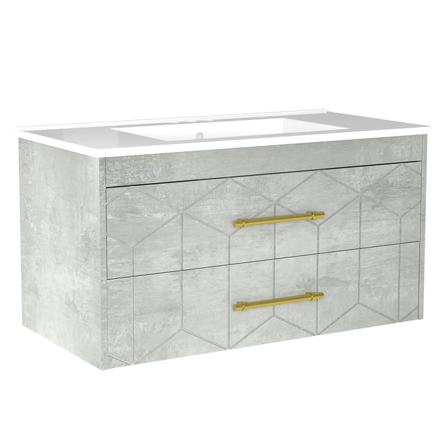 Modern Floating Bathroom Vanity Set, Wall Mounted Cabinet with Large Soft-Close Drawer and Gold Handle, Space-Saving Design