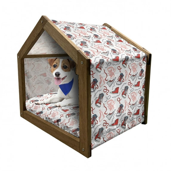 Modern Pet House, Sport Shoes Sneakers Hobby Casual Fashion Teenage Retro Illustration, Outdoor & Indoor Portable Dog Kennel with Pillow and Cover, 5 Sizes, Vermilion White Grey, by Ambesonne