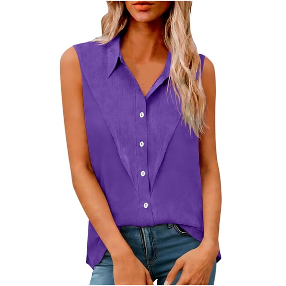 RXMEKW Sleeveless Tunic Blouse for Women, Lapel Loose-Fit Button-Down Imitation Linen Top for Summer and Casual Wear