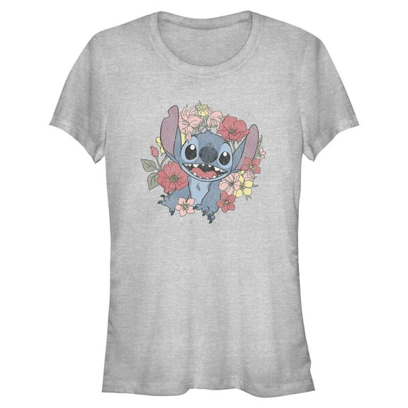 Juniors Lilo & Stitch Floral Distressed Stitch T Shirt