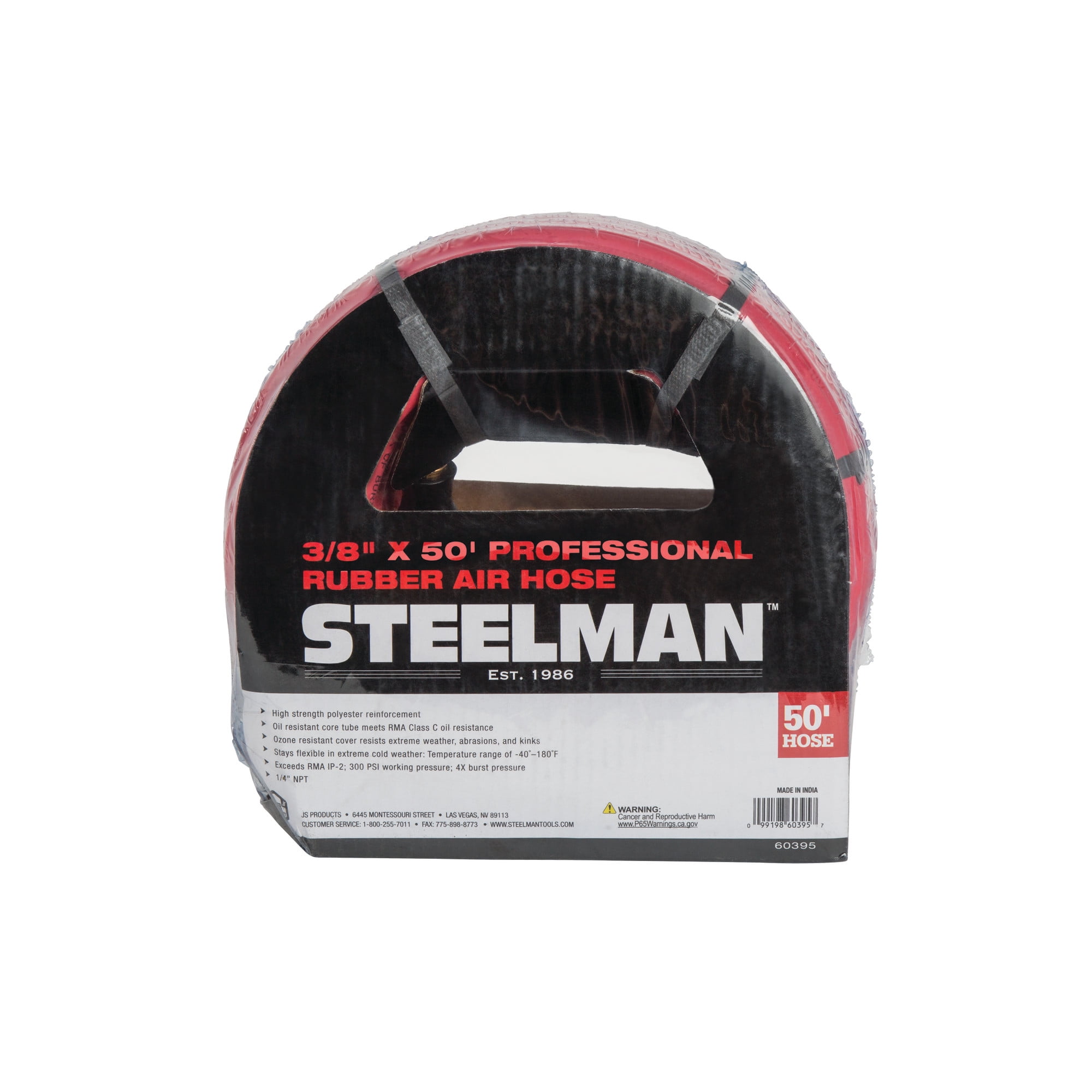 STEELMAN 50 ft x 3/8 in ID Rubber Air Hose with 1/4 in NPT Brass Fittings, 60395