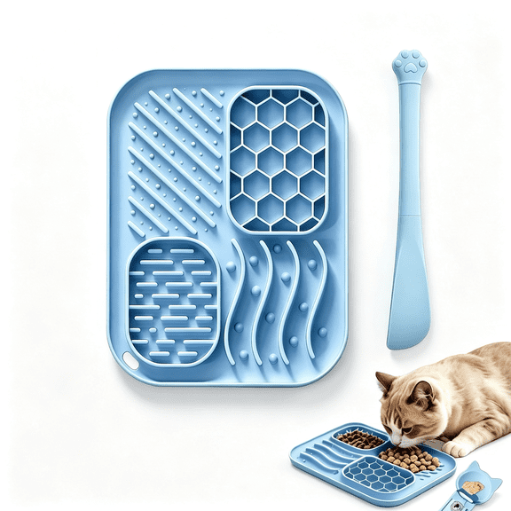 ACDANC 2-Piece Slow Feeder Cat Bowl Set, Silicone Cat Lick Mat, Cat Treat Dispenser, Daily Enrichment Cat Lick Mat & Slow Eating (Blue)