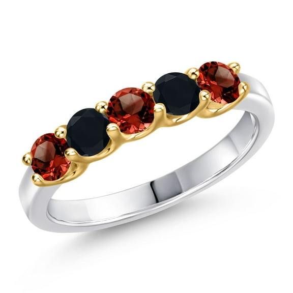 Gem Stone King 925 Silver and 10K Yellow Gold Red Garnet and Black Onyx Wedding-Bands Ring for Women | 0.86 Cttw | Round 3.5MM | Gemstone January Birthstone | Size 9