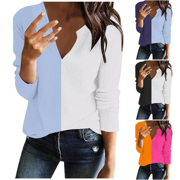 ATOYSOY Women's Long Sleeve Tees Fall Winter Loose Waffle Tops V Neck Sweatshirts Color Block Pullover Casual Cotton Shirts Outwear Fashion Black L