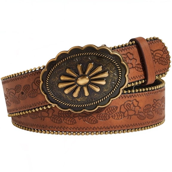 48.43 x 1.5 Inch Western Cowboy Embossed Waist Belt Brown PU Leather Country Cowgirl Belt with Retro Oval Flower Alloy Buckle Adjustable Vintage
