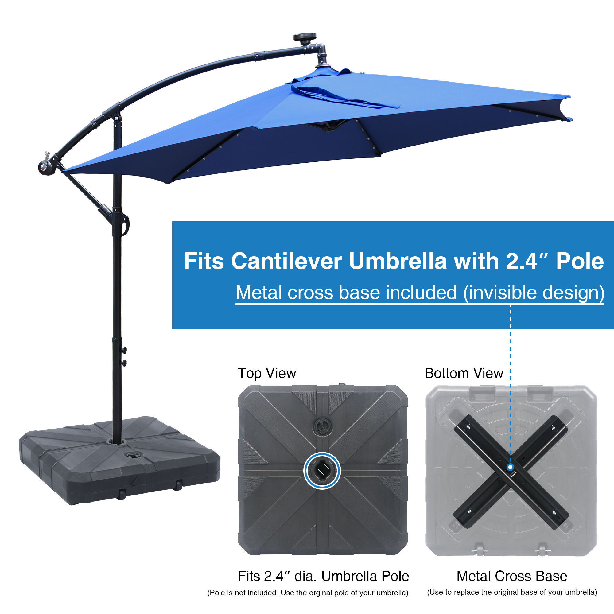 Kool 170 lbs Outdoor Cantilever Patio Umbrella Base Offset Umbrella Stand with Handle and Wheels for Garden Backyard Poolside in Black