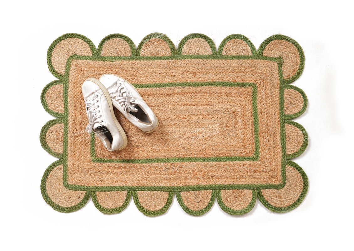 Hand Braided Natural Jute Rug Beige and Green Scalloped Area Rug Rectangle Rug