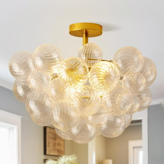 Modern Bubble Ball Chandelier Lighting Dia 20 Inch Gold Clear Ribbed Blown Glass Chandeliers Ceiling Medallions Light Fixture for Bedroom, Living Room, Entry, Sturdy Room, Restaurant