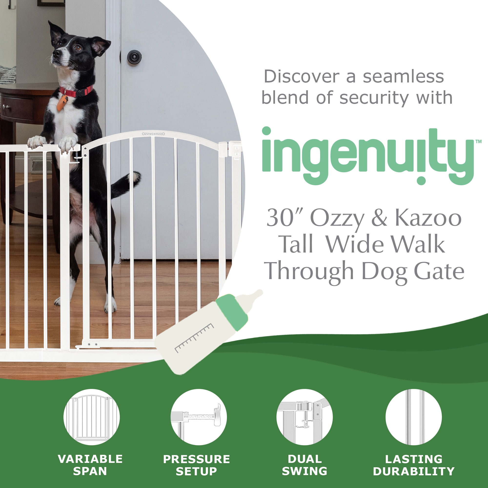 Ingenuity Ozzy & Kazoo 30" Tall Wide Walk - Through Dog Gate For Doorways & Stairways