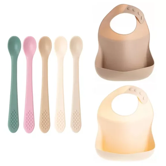 Silicone Baby Feeding Set, Silicone Soft Durable, Easy-to-Clean Feeding Bib & Spoons for Babies and Toddlers, Tan