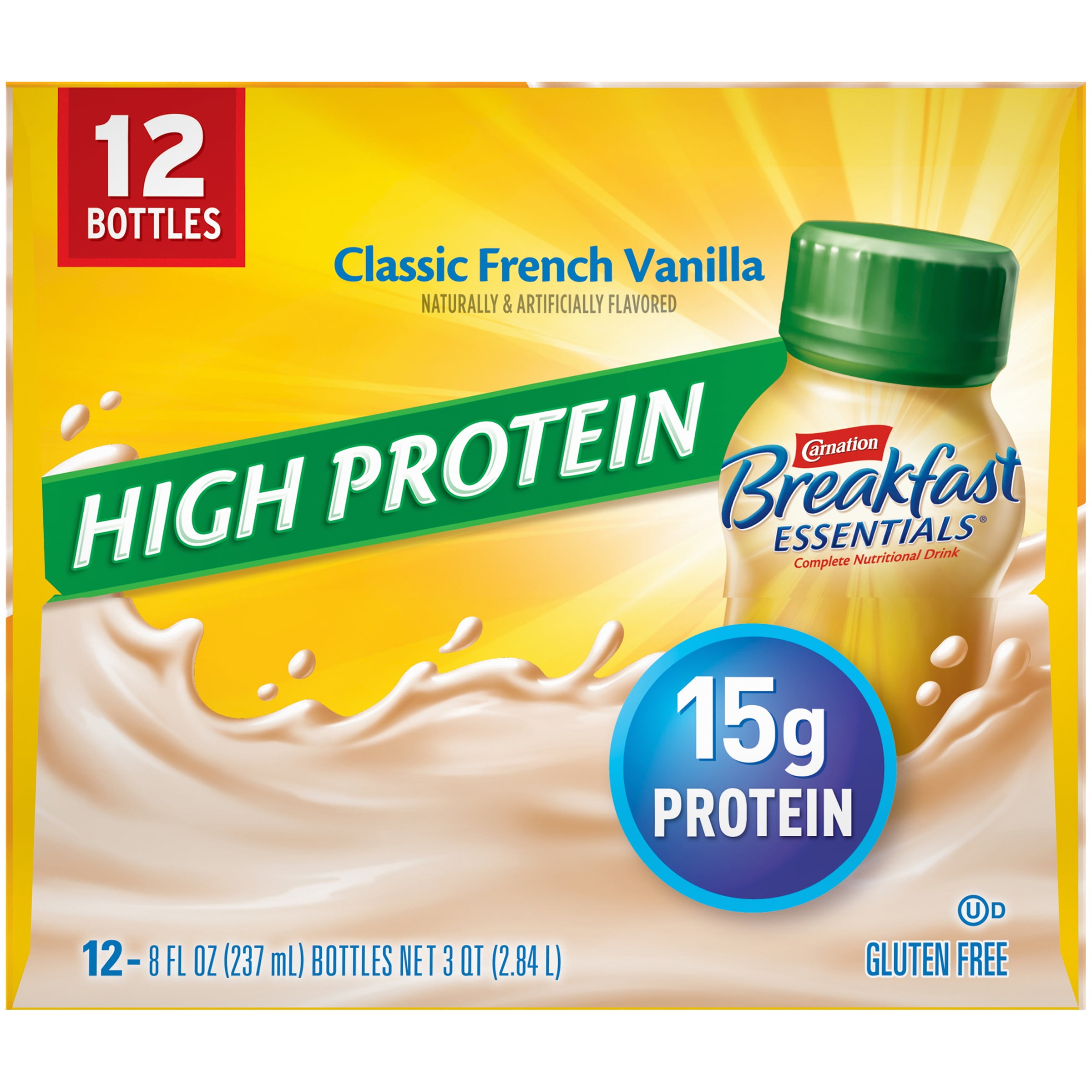 CARNATION BREAKFAST ESSENTIALS HIGH PROTEIN Classic French Vanilla 12-8 fl. oz. Bottles