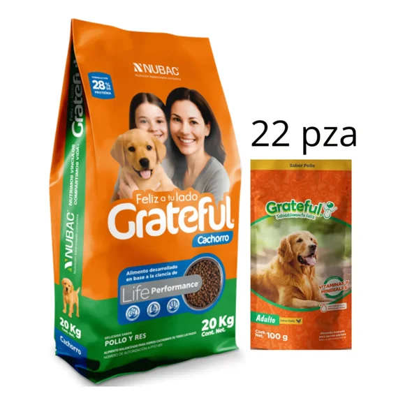Grateful Cachorro 20 Kg + Caja Alimento Humedo Sobre Grateful 100 gr (22 Pzas)