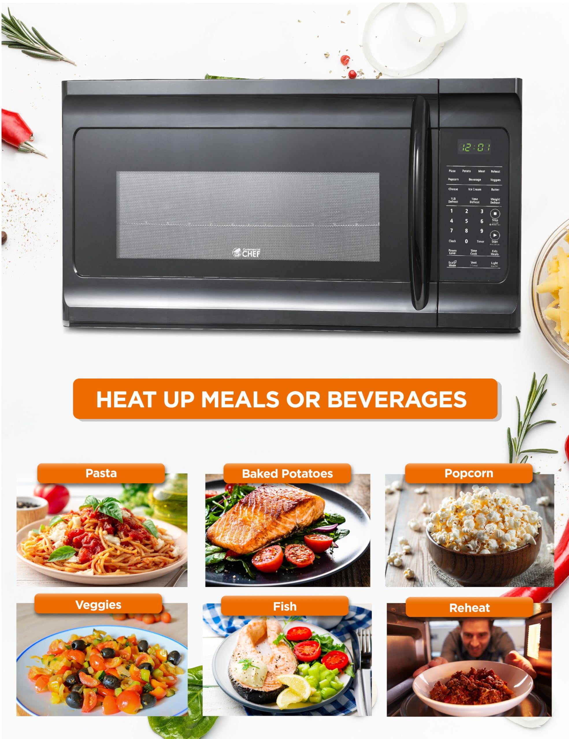 Commercial Chef 1.7 Cu. Ft. Over-The-Range Microwave Oven, 1000 Watt Microwave with 10 Power Levels, 300 CFM Hidden Vent Hood Fan, Touch Controls, LED Display, 10 Preset Options, CHMR17GB, Black