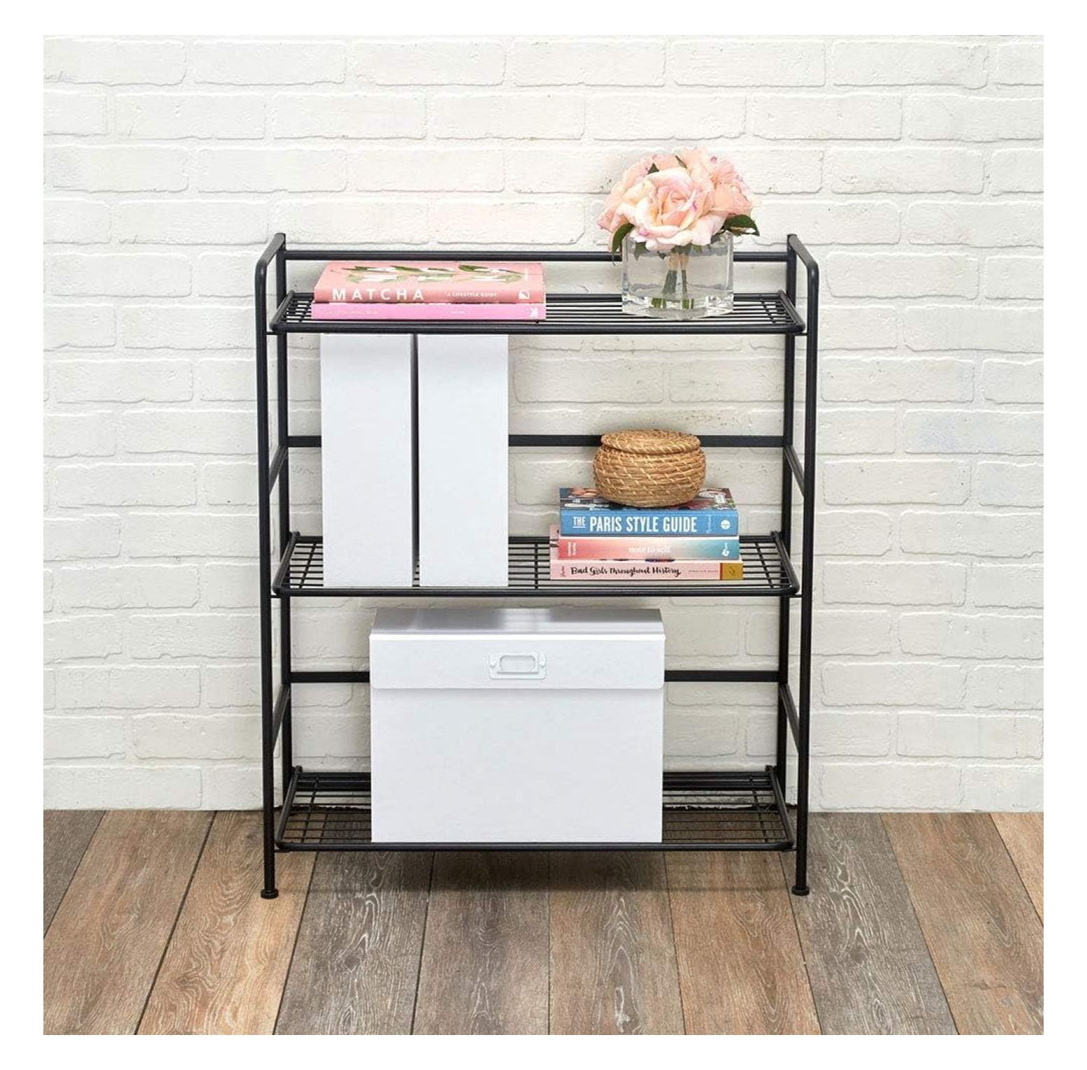 Folding Metal Bookcase-Small Space -No Assembly-Home, Kitchen, Bathroom and Office Black, 3 Shelves, Wide