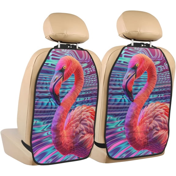 Kdxio Digital Flamingo Vibrant Art Print 2 Pack Car Kick Mat Seat Cover Back Protector Mat with Pockets for Organizer Backseat Protector and Storage Anti Kick Pad for Vehicles