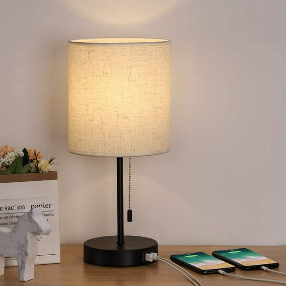 Modern Table Lamp, Bedside Nightstand Lamp with Dual USB Charging Ports, Fabric Shade Desk Reading Lamp for Bedroom Living Room Office College Dorm