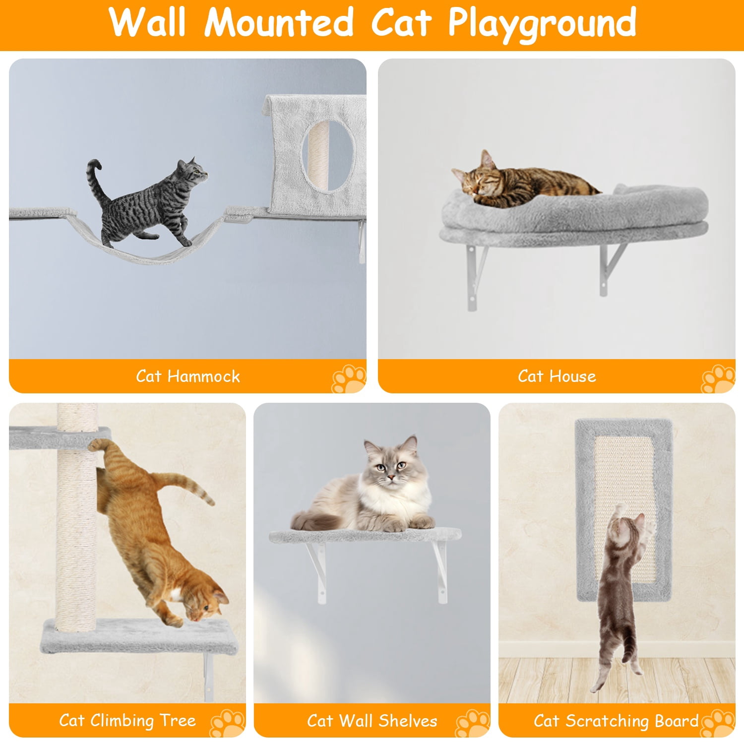 TeqHome Wall Mounted Cat Wall Shelves Set of 6 with Cat Tree Cat Perch Cat Scratching Post Cat Bridge Cat Houses Gray