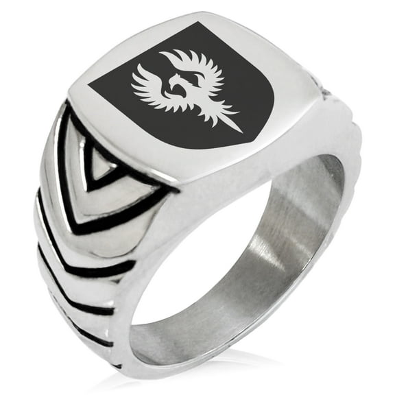 Tioneer Stainless Steel Phoenix Resurrection Coat of Arms Shield Chevron Pattern Biker Style Polished Ring