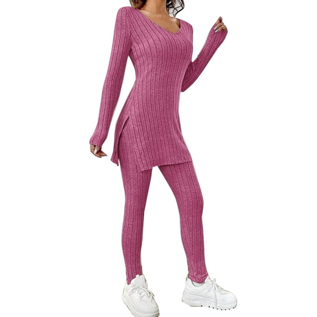 2025 Conjuntos de dos piezas para mujer: camiseta de manga larga con cuello en V y bajo con abertura y pantalones de chándal de cintura alta, poliéster/spandex, estilo versátil (S-XXL)