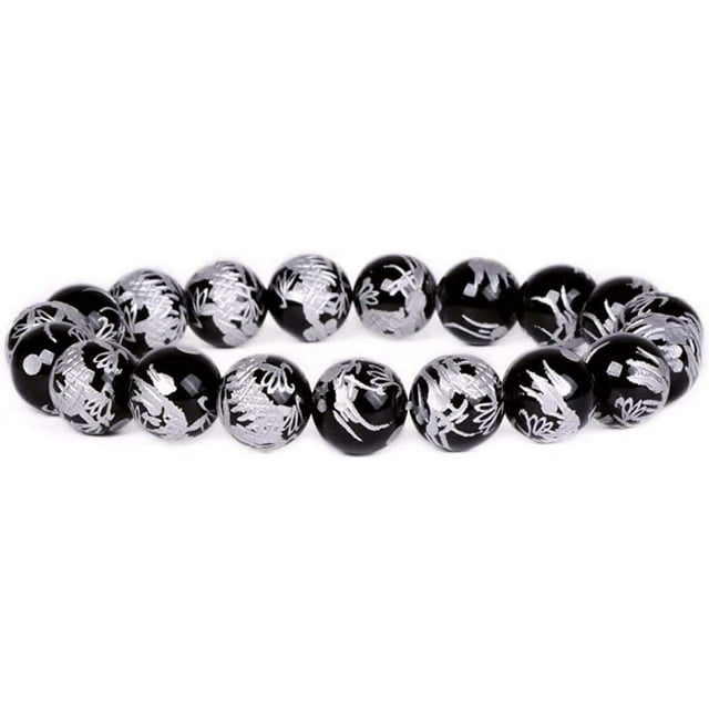 Angelstones Bracelet Extensible en Perles Rondes de 10mm Agate Noire Dragon Argenté Unisexe