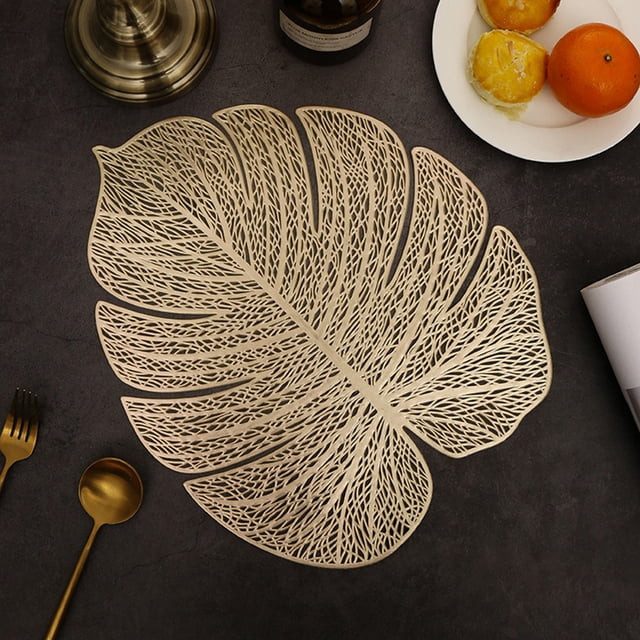 Set Of 6 Metallic Plastic Table Decoration, Gold Leaf Shaped Vinyl Placemats, Non-Slip Heat Insulation Eco-Friendly Pvc Wipeable For Wedding Annersary Dinner Table