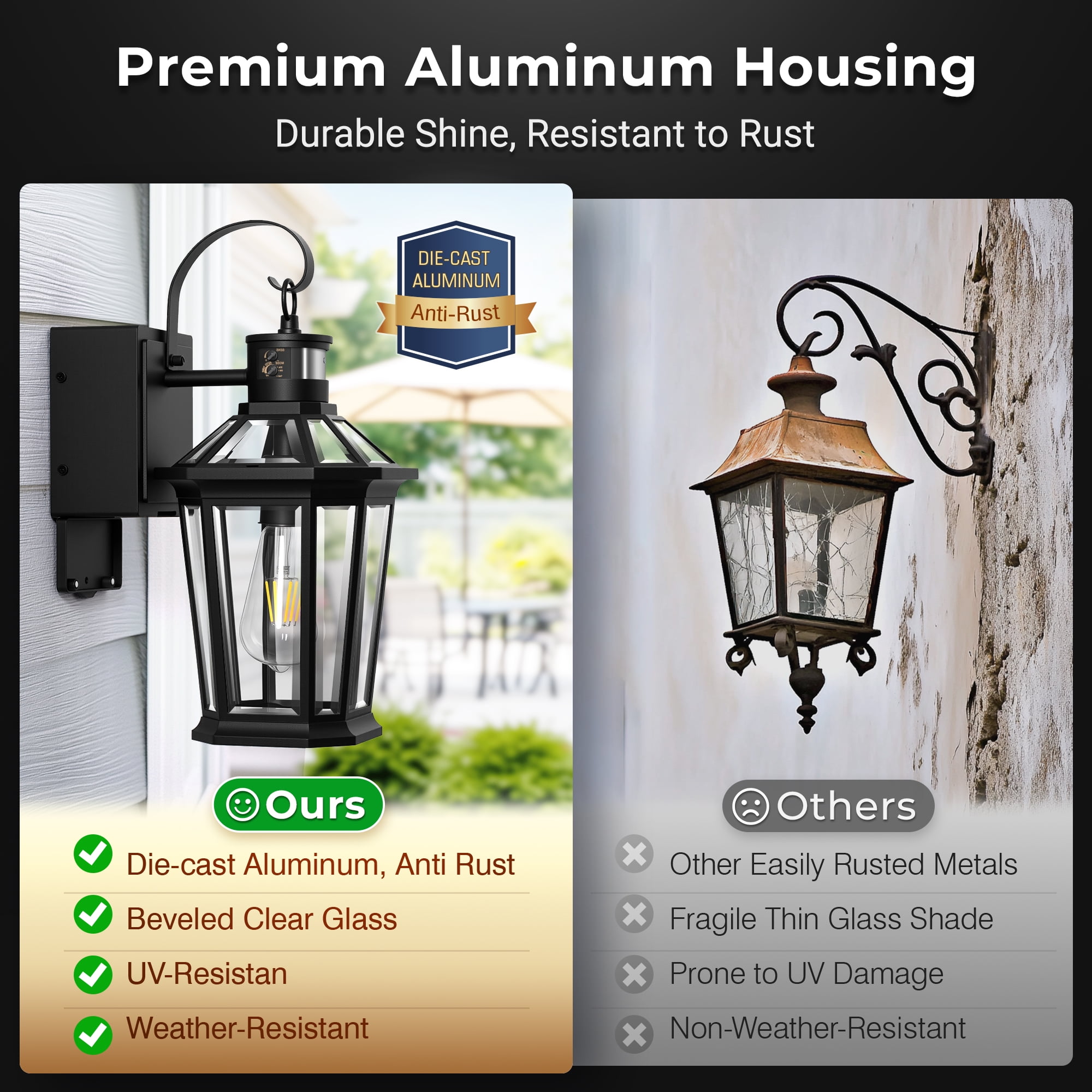Gleamz Motion Sensor Porch Lights Outdoor with GFCI Outlet, Black Exterior Lighting Fixtures Wall Mount, 100% Aluminum Anti-Rust Waterproof Outside Lights for House Patio Garage