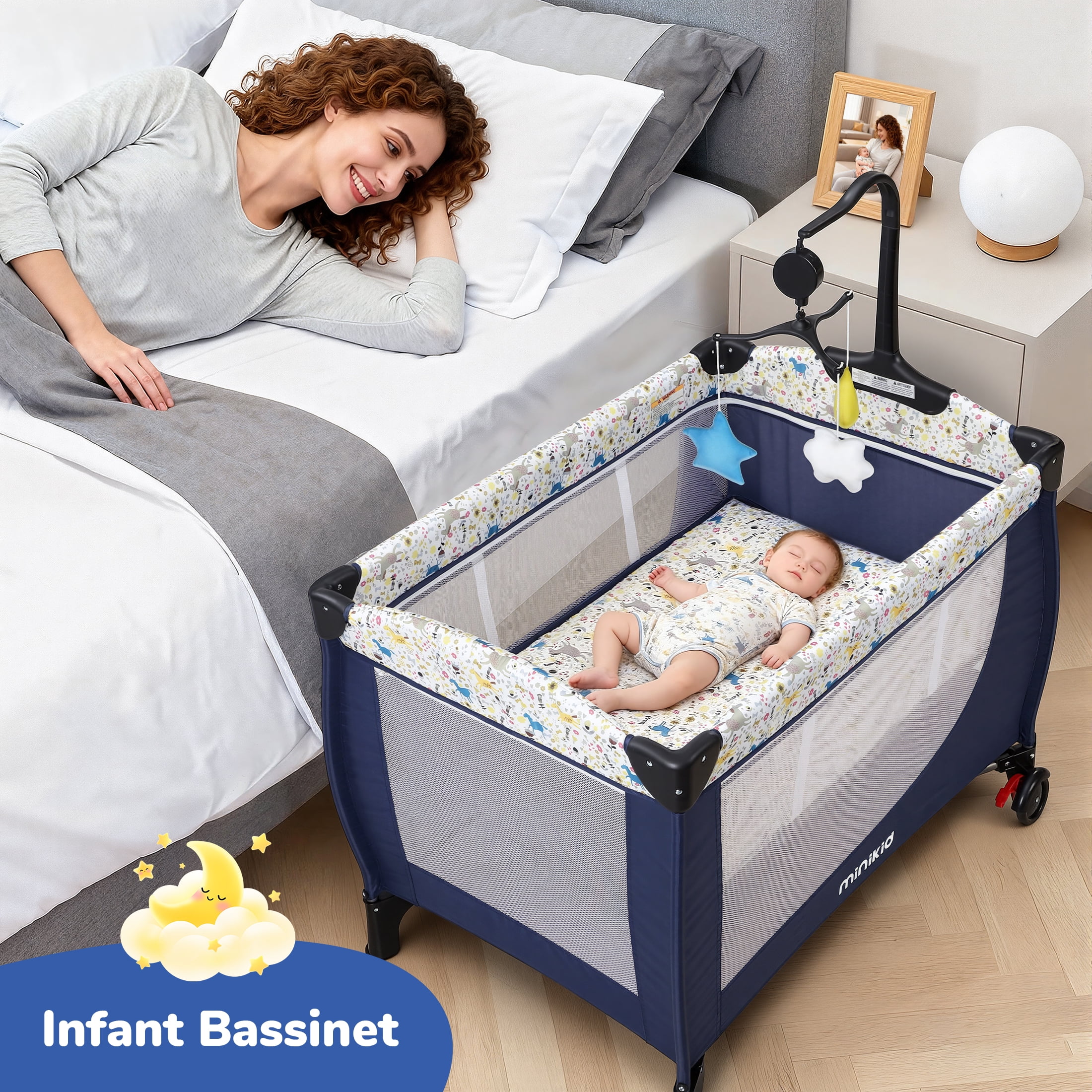 Minikid Nursery Center Playard with Bassinet Music and Toys, Baby Playpen for Newborn to Toddlers,Blue