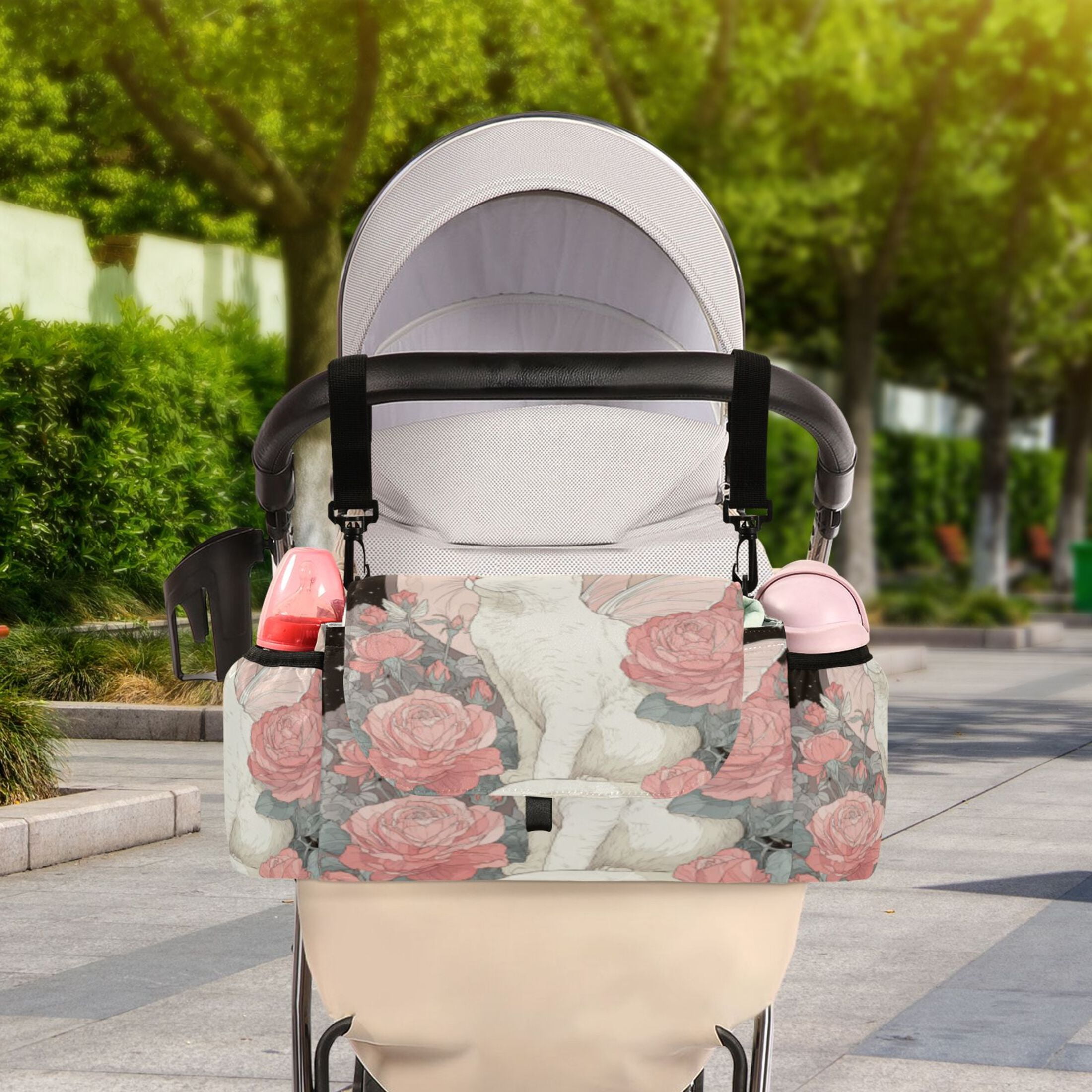 DIXRUYEE Stroller Organizer Angelic Cat Among Roses Printed