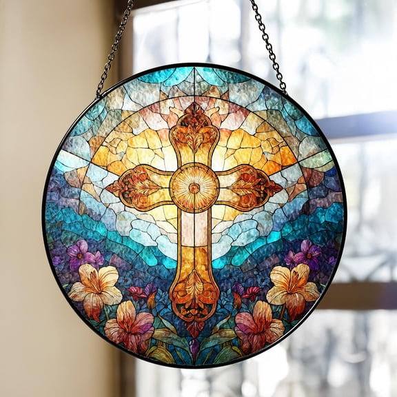 New Stained Glass Cross Suncatcher, Christian Window Hanging, Religious Memorial Gift, Glass Cross with Flowers Decor, Catholic Wall Art Gift