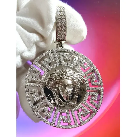 Aishvi Jewels Medusa Head Diamond Pendant Round Cut Lab-Created Diamond Medusa Head Pendant 14K White Gold 925 Silver Plated Medusa Hip Hop Pendant