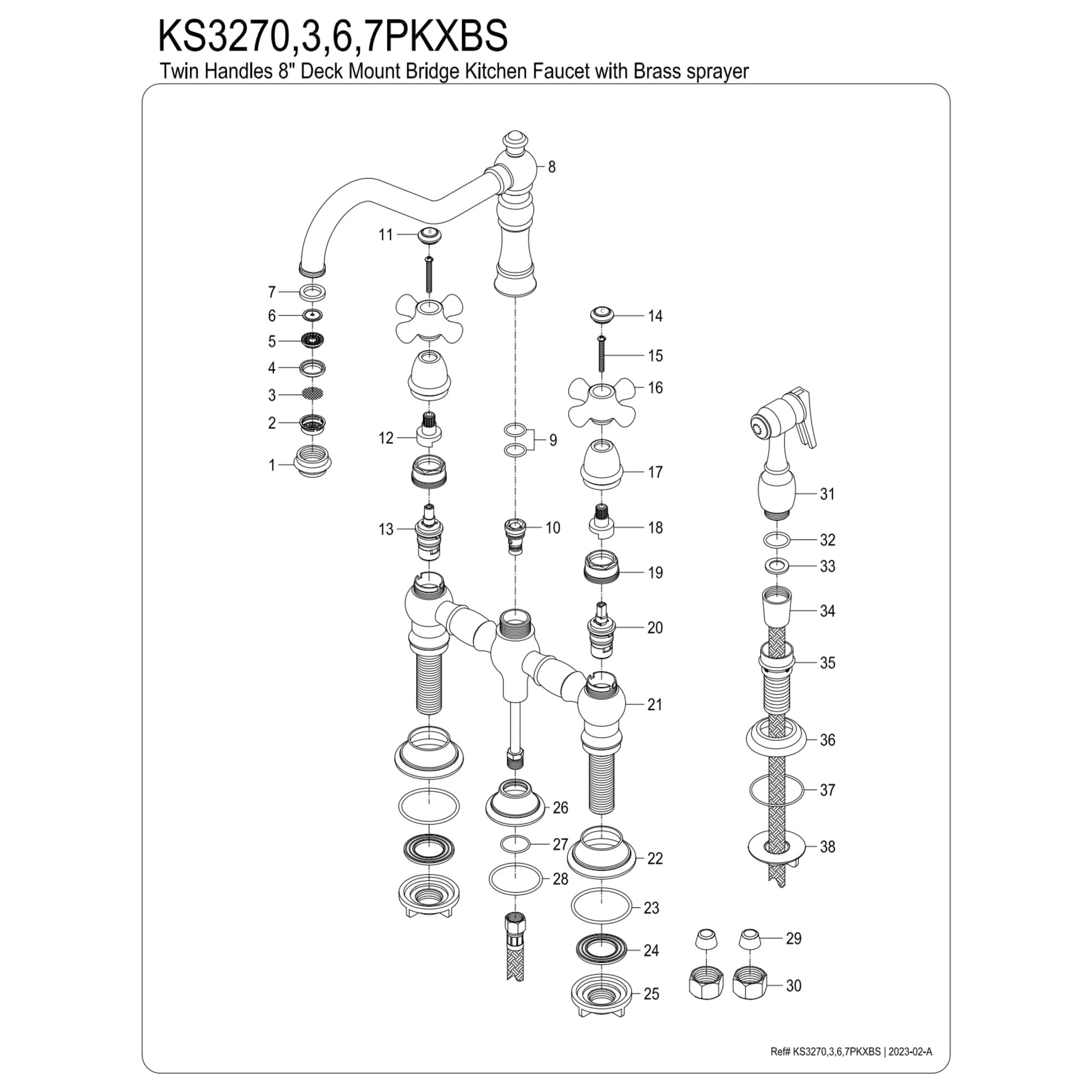 Kingston Brass KS3270PKXBS Duchess Bridge Kitchen Faucet with Brass Side Sprayer, Matte Black