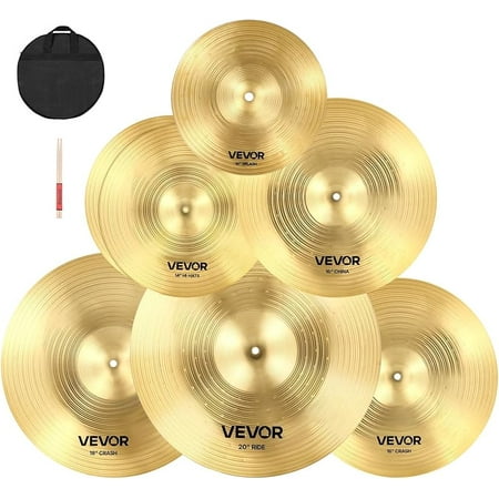 VEVOR Low Volume Cymbal Pack, 5Pcs Quiet Cymbals for Drum Set, 14'' Hi-Hats, 16'' Crash, 18'' Crash, 20'' Ride, Alloy Drum Cymbals Includes Free Drumsticks, Mute Pads & Bag, for Drummer Practice