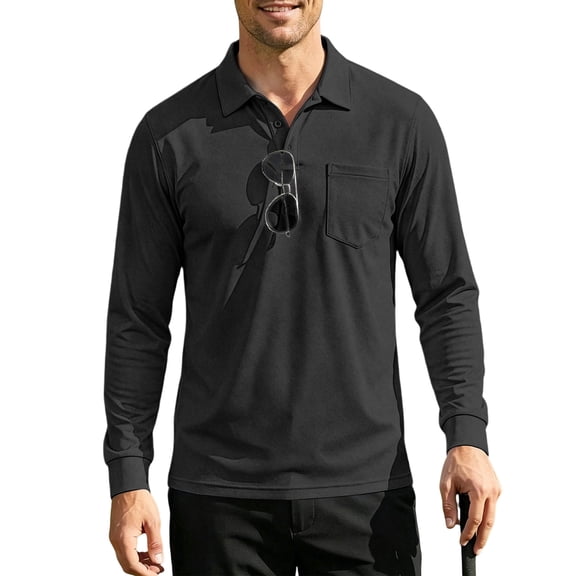 Trgacdwlo Mens Polo Shirts Breathable Long Sleeve Work Shirts for Men Quick Dry Sun Protection Mens Golf Polo Shirt with Pocket Black L