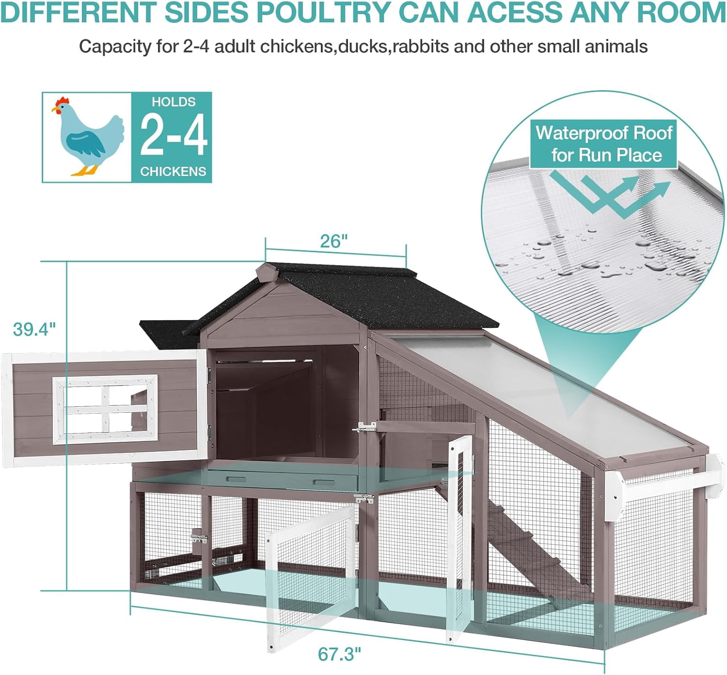 MEDEHOO Chicken Coop, Mobile Chicken House with with Wheel, Outdoor Hen House Poultry Cage with Nesting Box, Leakproof Pull Out Tray and UV-Resistant Roof (Brown)