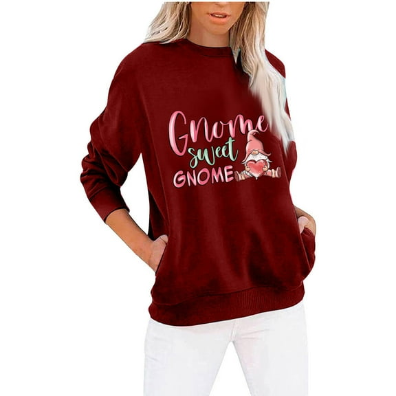 Valentine's Day Sweatshirt for Women Long Sleeve Crew Neck Casual Pullover Tops with Pockets Graphic Printed Cute Shirt(Wine,XL)